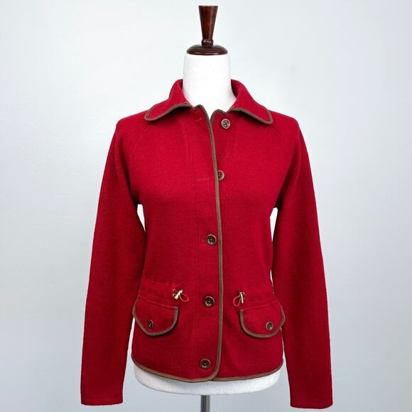 Lauren Ralph Lauren Red Wool Button-Up Collar Knit Jacket - Picture 1 of 9